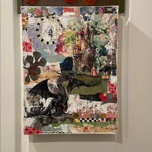 Handmade Mixed Media Collage Art  "The Guardian"  Castle, Queen, Dragon 11"x14"